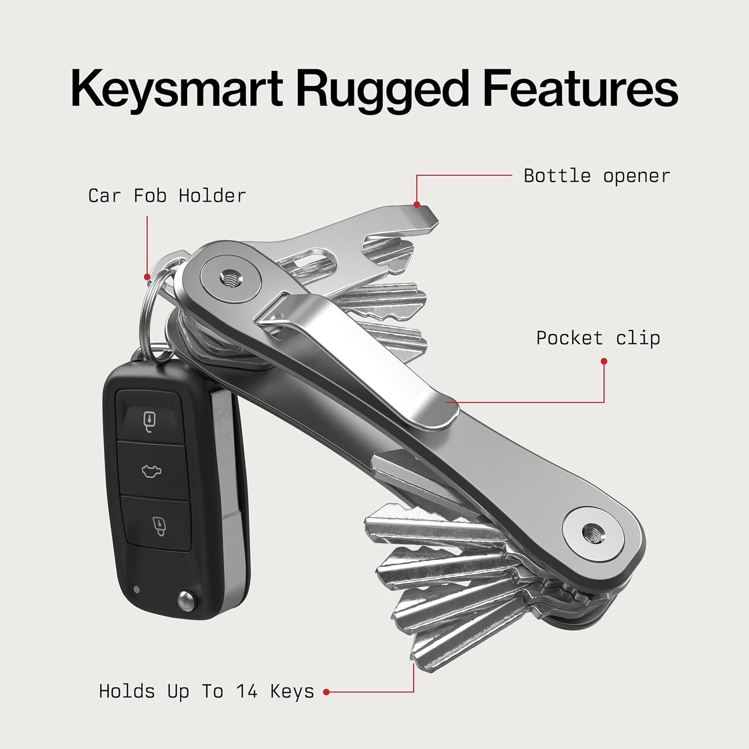 KeySmart Rugged Keychain Multitool Key Holder, Up to 14 Keys | Key Organizer for EDC. Expandable, Durable Build
