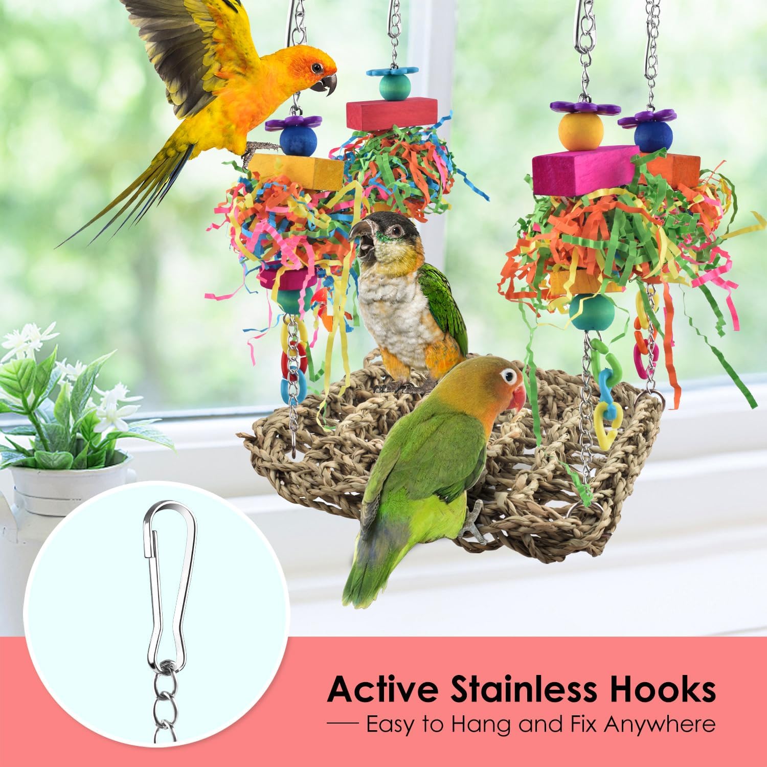 Bird Toys, Grass Swing Hammock Climbing Toy for Parrot Parakeet | Natural Grass with Colorful Chew Toys, Climbing and