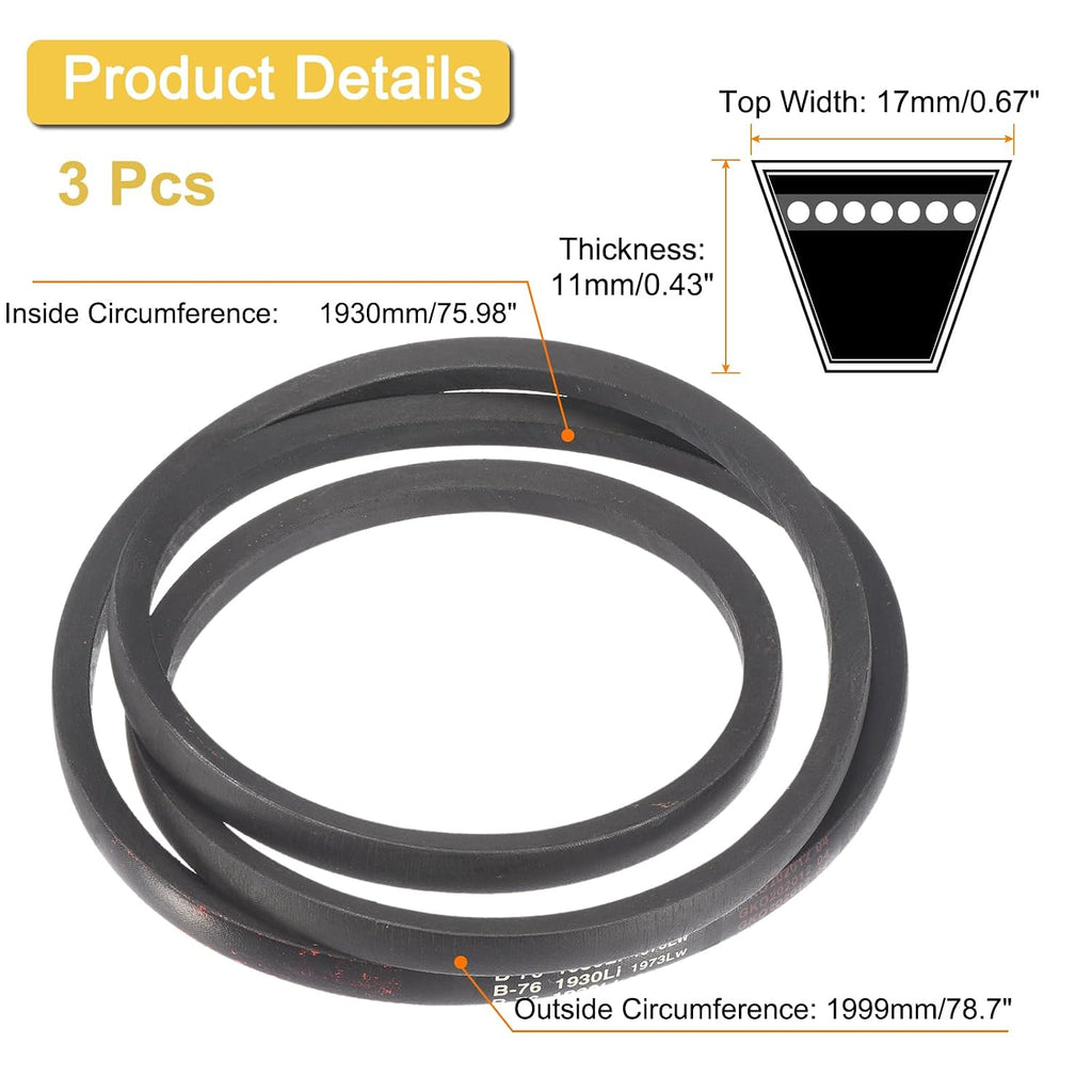 uxcell 3pcs B76 Classic Wrapped V-Belt, 79" Outer Circ B Profile V-Belt