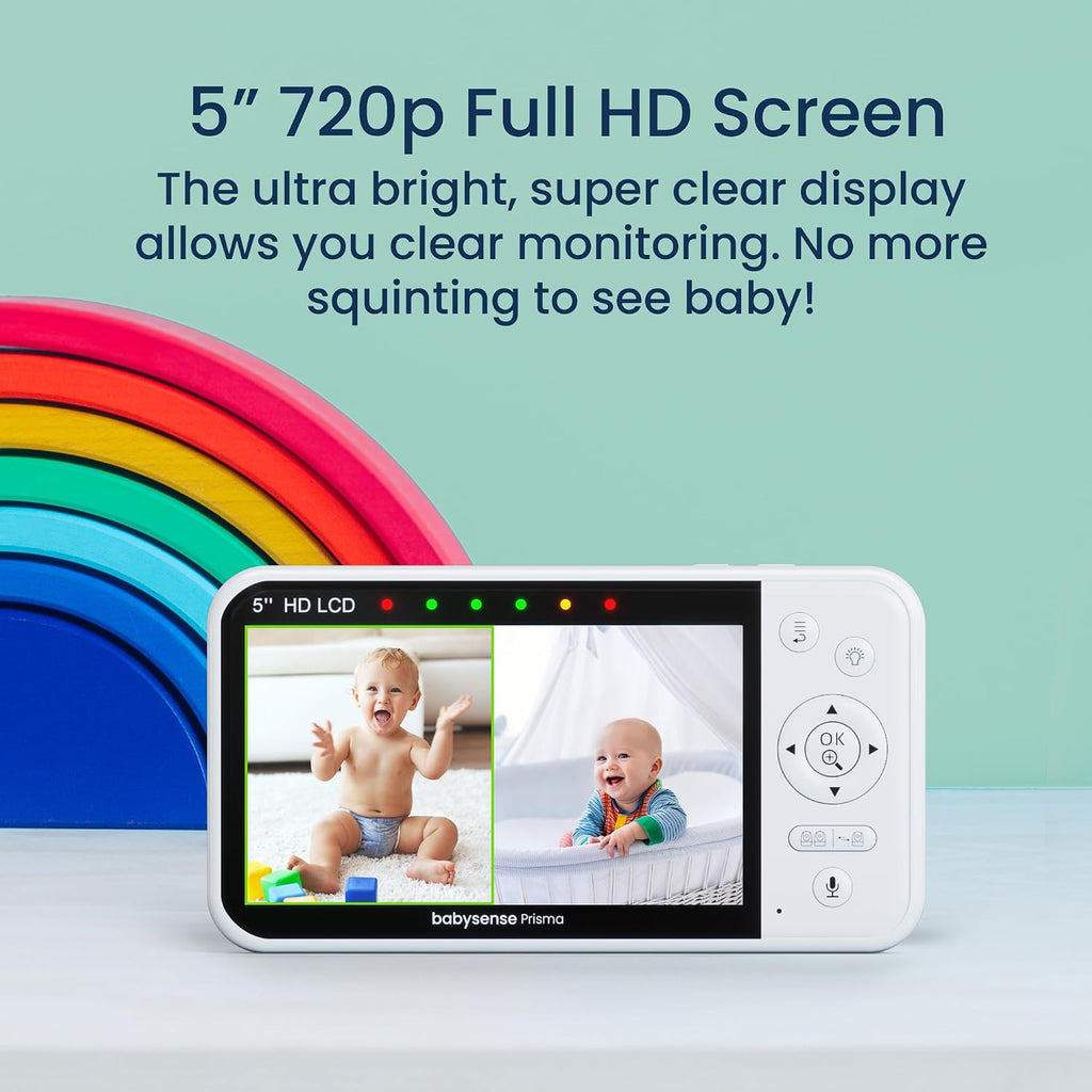 Prisma Baby Monitor with Camera and Audio, No WiFi 5” HD Video Baby Monitor, 6-Color Night Light, Split Screen