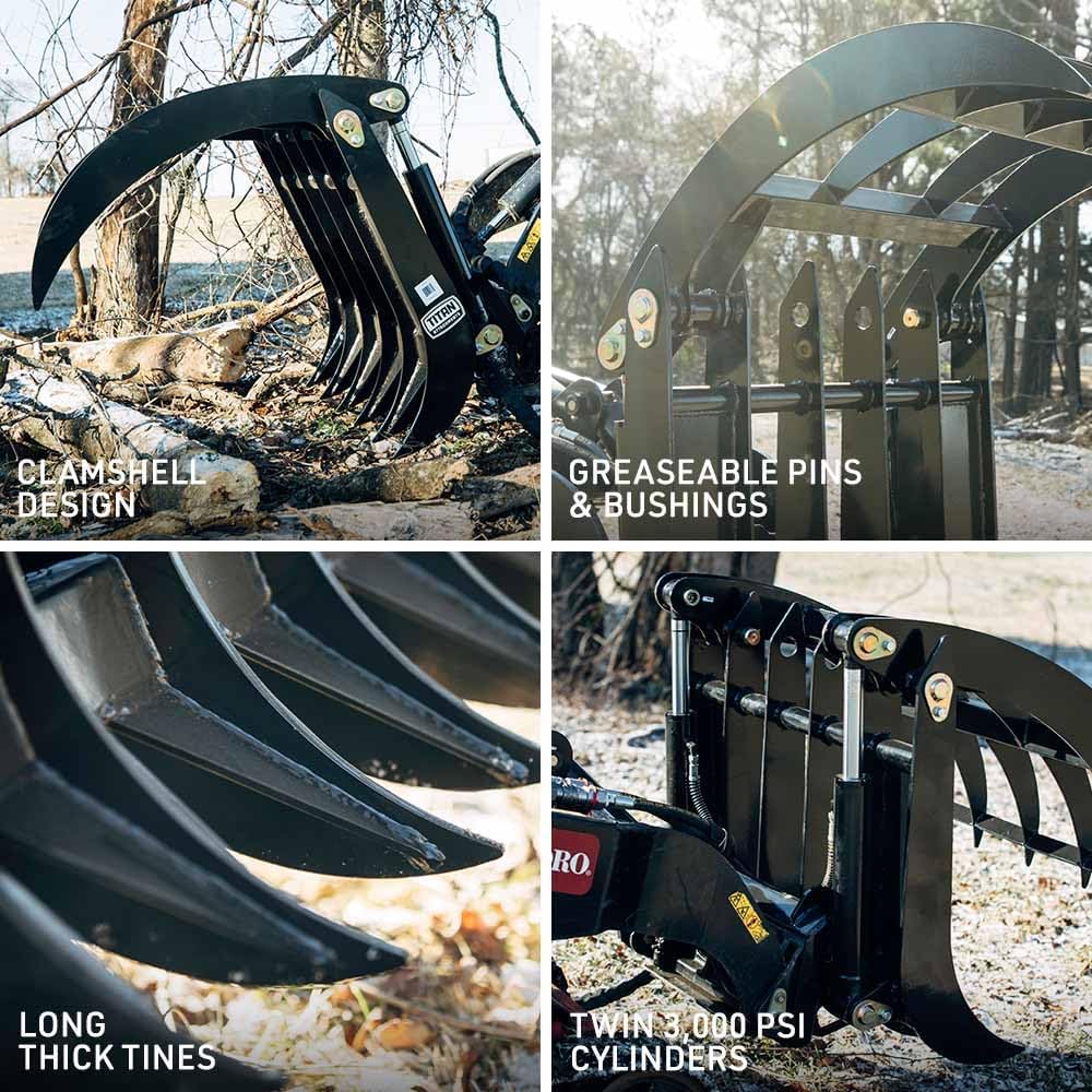 34" Clamshell Root Grapple Rake Attachment, Fits Mini Skid Steer Quick Tach Mounting System, Twin 3,000 PSI Cylinders