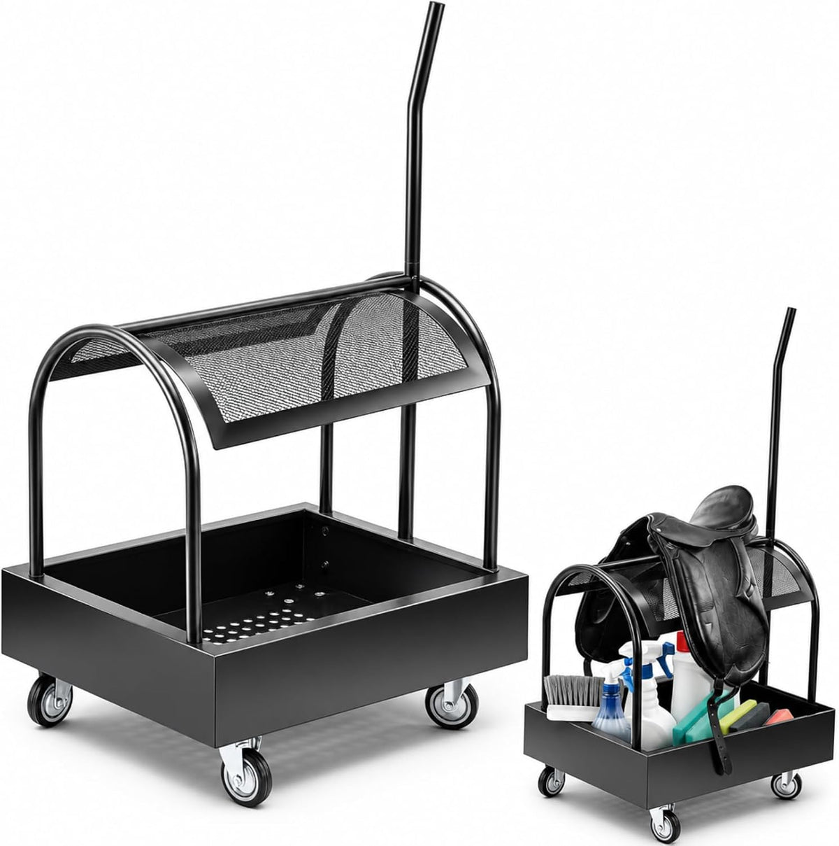 Metal Rolling Saddle Rack Cart with Basket Storage, 360° Wheels