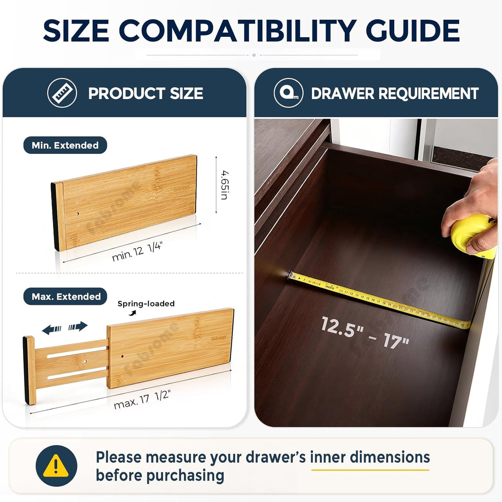 Dresser Drawer Organizers 6 Pack, 4.65'' High Adjustable from 12.5-17‘’ Bamboo Drawer Dividers for Clothing Baby