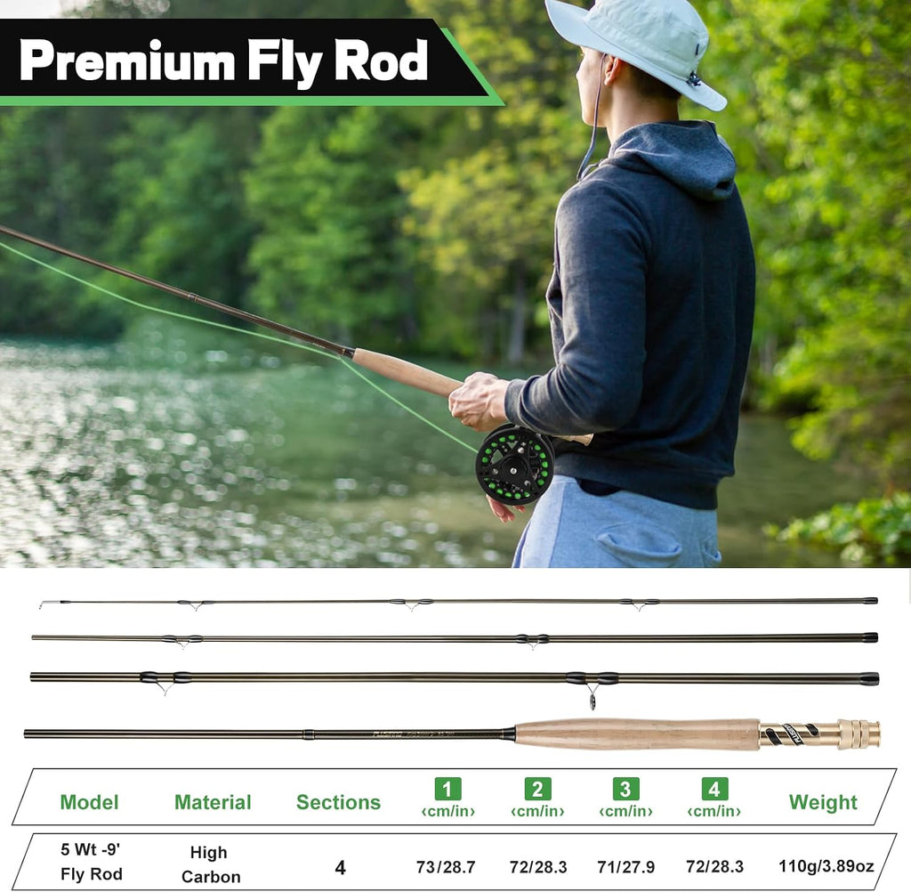 Fly Fishing Rod and Reel Combo Kit, Fly Fishing Rod for Starters | 4 Piece Lightweight Ultra-Portable Graphite 5 Wt