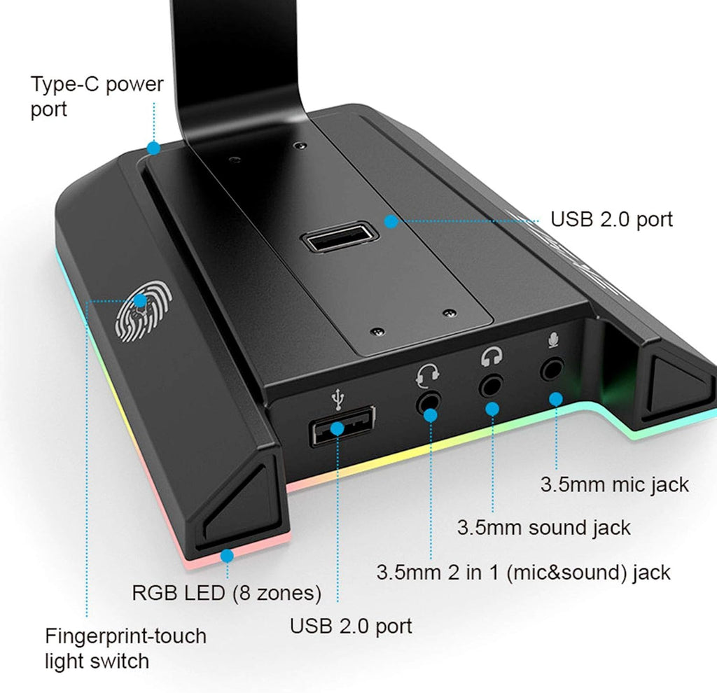 Headphone Stand, RGB Gaming Headset Stand for Desk with 7.1 Surround Sound, Headphone Holder with 3.5mm Aux and 2 USB