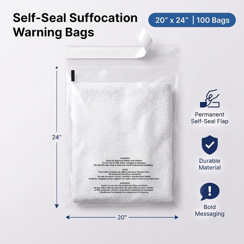 20" X 24" (100 Count) Self-Seal Clear Poly Bags With Suffocation Warning