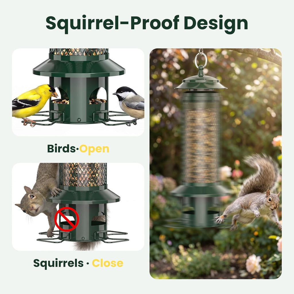 Squirrel Proof Bird Feeders for Outdoors - 4 Port Hanging Metal Bird Feeder with Gravity Spring, Upgraded Metal