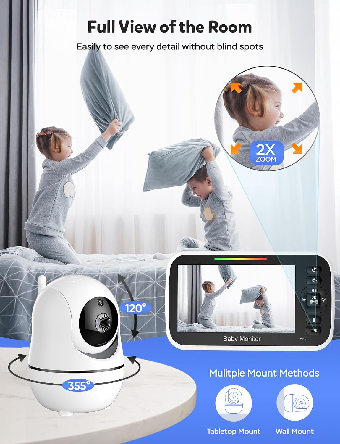 5" Split Screen Baby Monitor with 2 Cameras and Audio | No WiFi Secure Camera, 30-Hour Battery, Remote PTZ, Auto