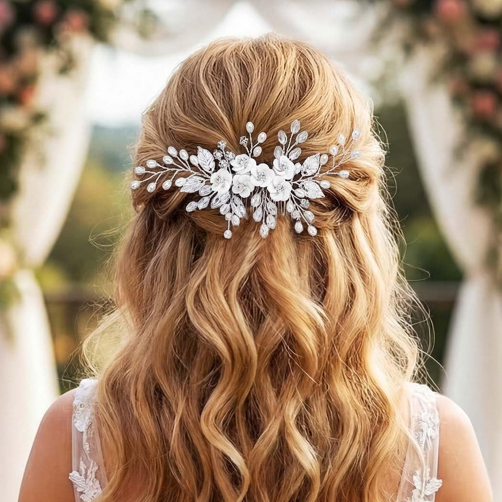 Flower Bride Wedding Hair Comb Leaf Silver Bridal Headpiece Pearl Hair Accessories Crystal Hair Piece Jewelry for