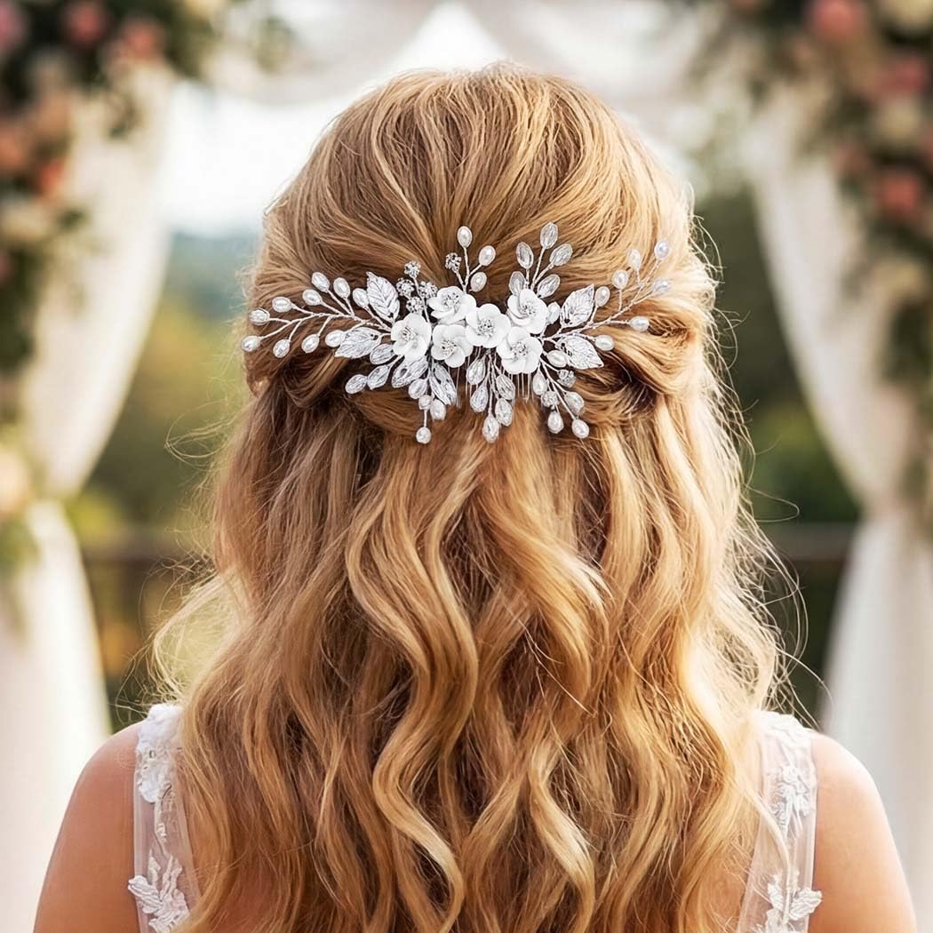 Flower Bride Wedding Hair Comb Leaf Silver Bridal Headpiece Pearl Hair Accessories Crystal Hair Piece Jewelry for