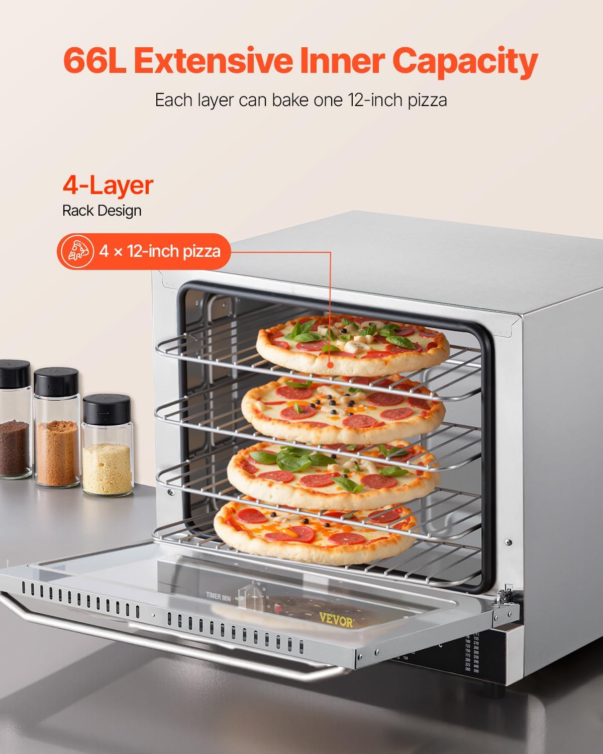 Commercial Convection Oven, 66L/60Qt, Half-Size Conventional Oven Countertop, 1800W 4-Tier Toaster w/Front Glass
