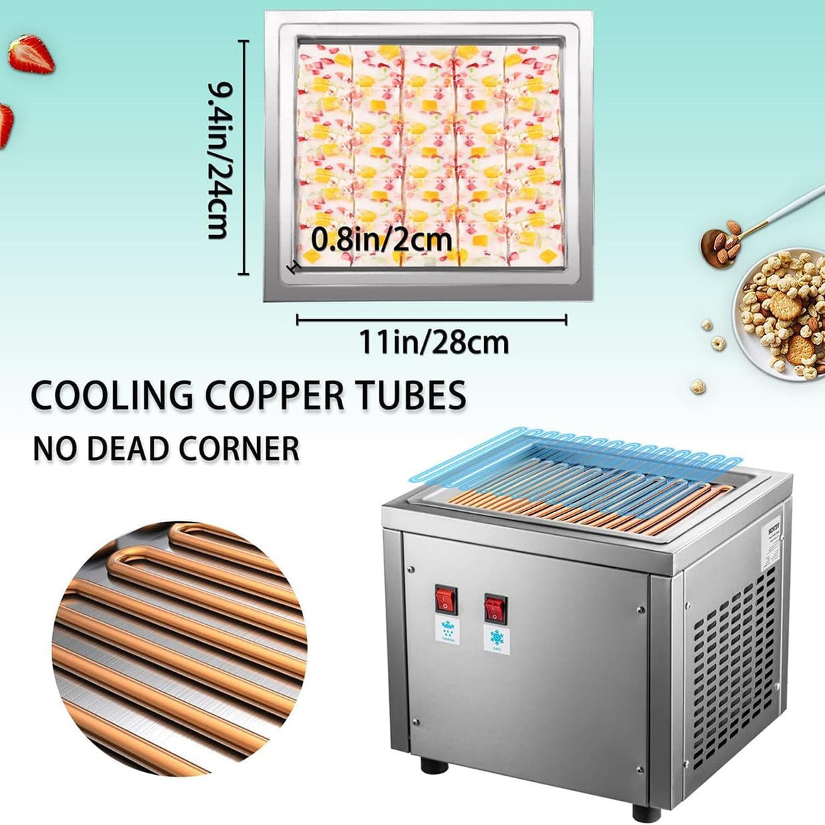 220W Commercial Rolled Ice Cream Machine, Stainless Steel Stir-Fried Ice Cream Roll Maker, Yogurt Fry ice Cream