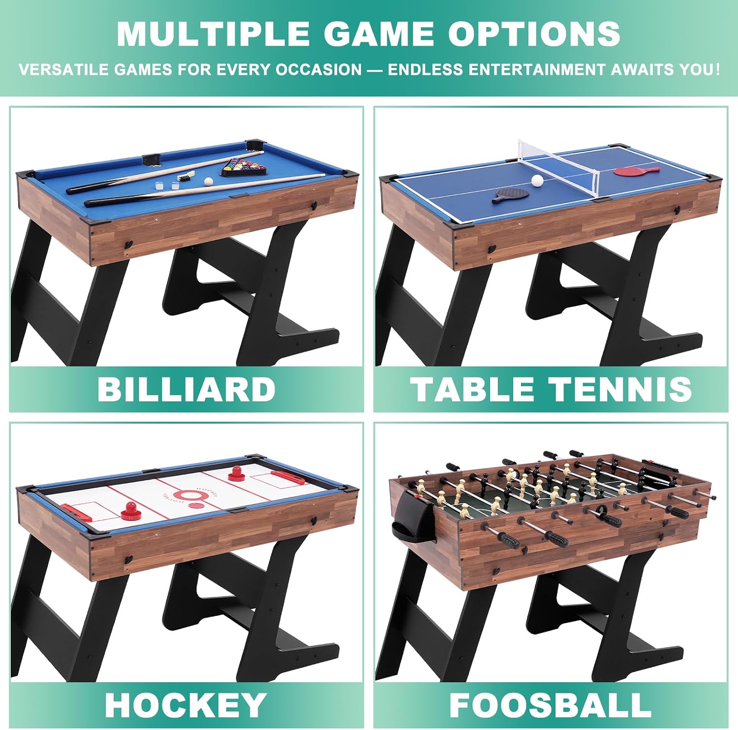 4-in-1 Foldable Multi Game Table for Home, Game Room | Combo Game Table Set with Ping Pong, Hockey, Pool Billiards