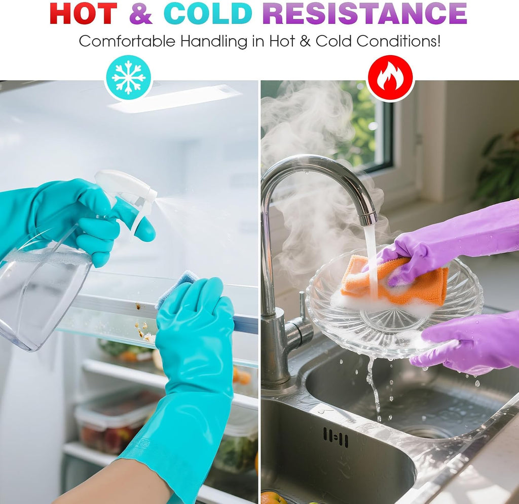 Reusable Dishwashing Cleaning Gloves with Latex free, Cotton lining,Kitchen Gloves 2 Pairs,Purple+blue Medium