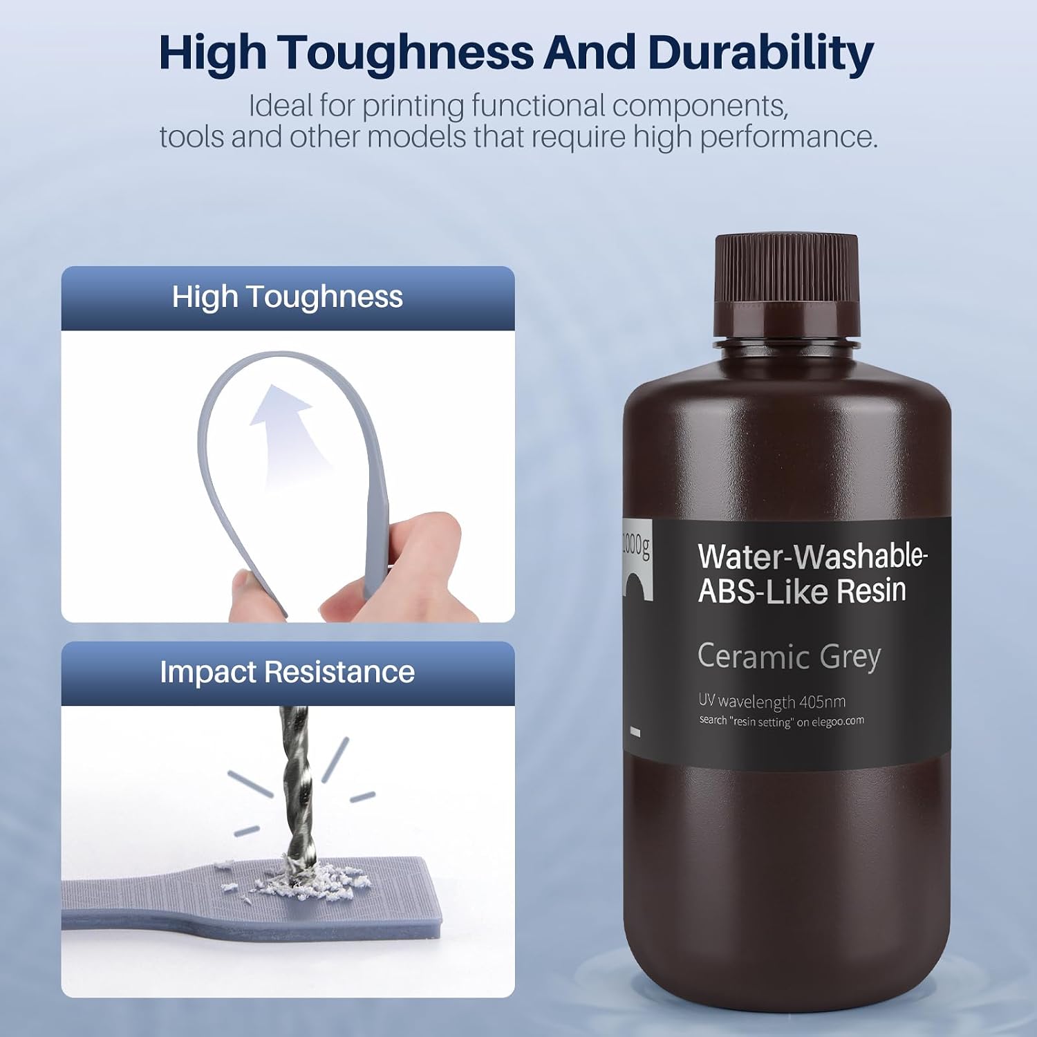 ELEGOO Water Washable ABS-Like Resin 3D Printer Resin Grey 2000G | High Toughness, Low Viscosity and High Precision