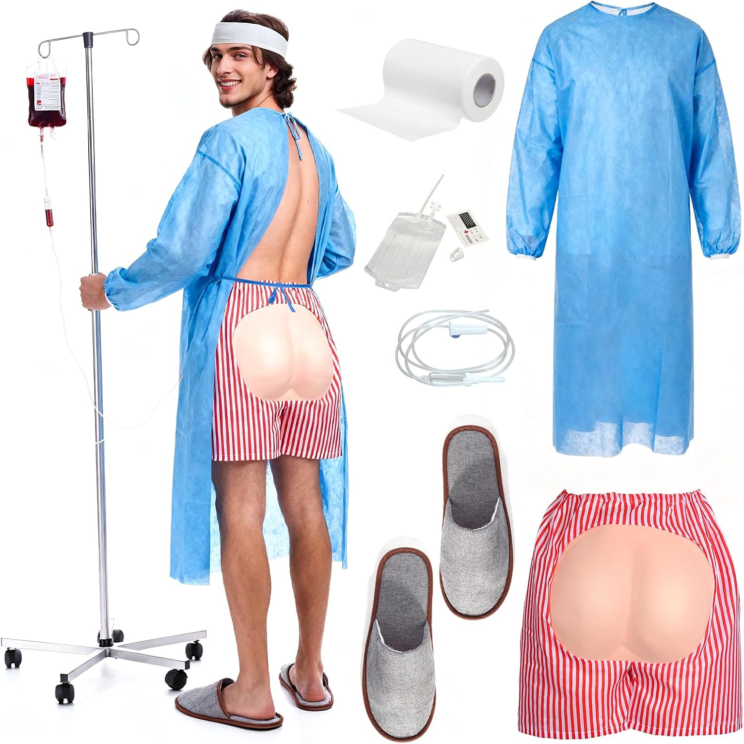 9 Pcs Patient Gown Party Costumes Set, Hospital Gown Outfit for Men Women Funny Shorts Halloween Cosplay Themed Party
