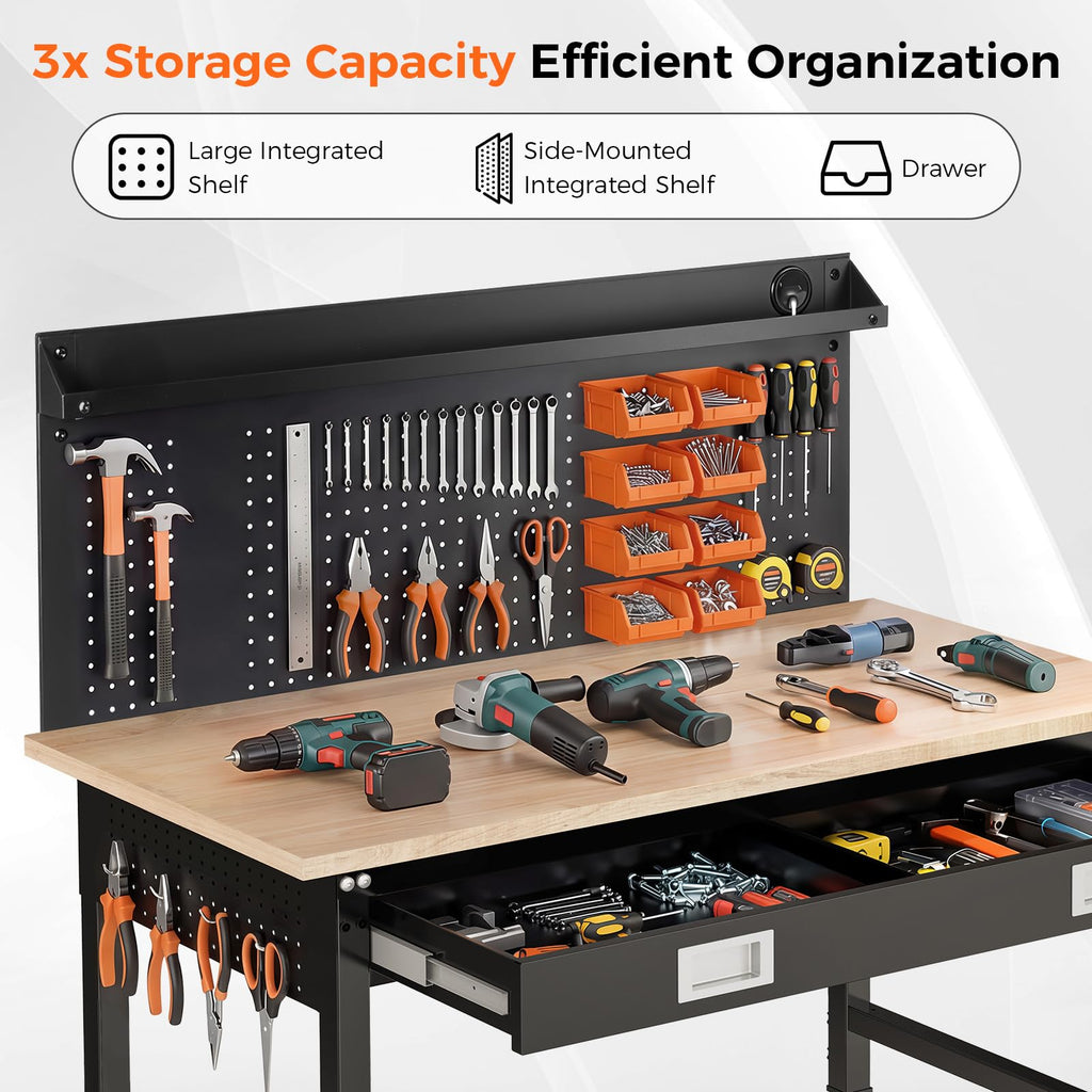 60" Adjustable Work Bench with Drawers, Workbench for Garage with Strip Light, Work Table with Large Pegboard, 2000