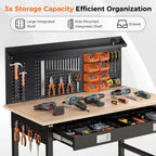 60" Adjustable Work Bench with Drawers, Workbench for Garage with Strip Light, Work Table with Large Pegboard, 2000
