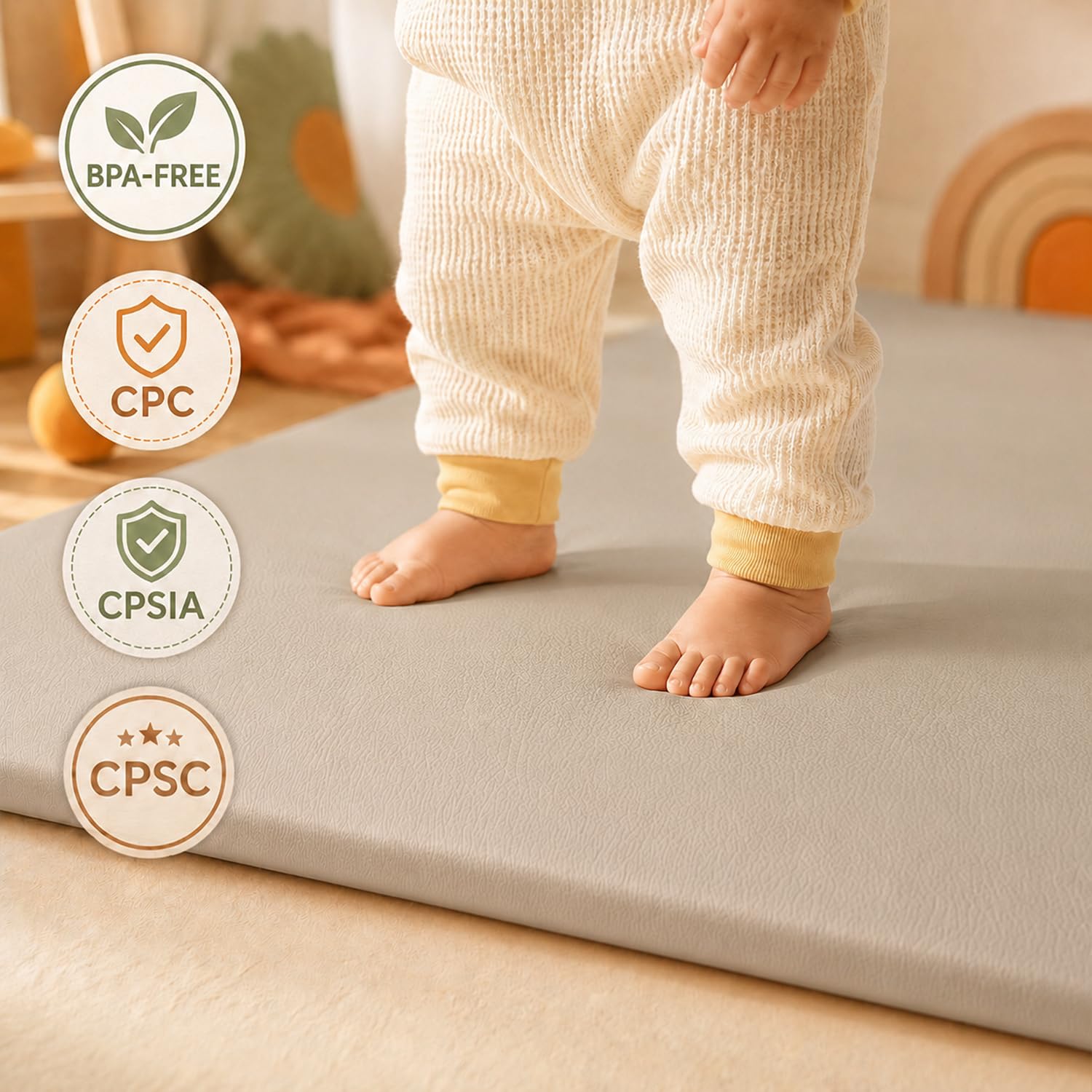 Vegan Leather Baby Play Mat, 79x71 Thick Cushioned Waterproof Playpen Mat, Stylish Removable Cover Floor Mat for