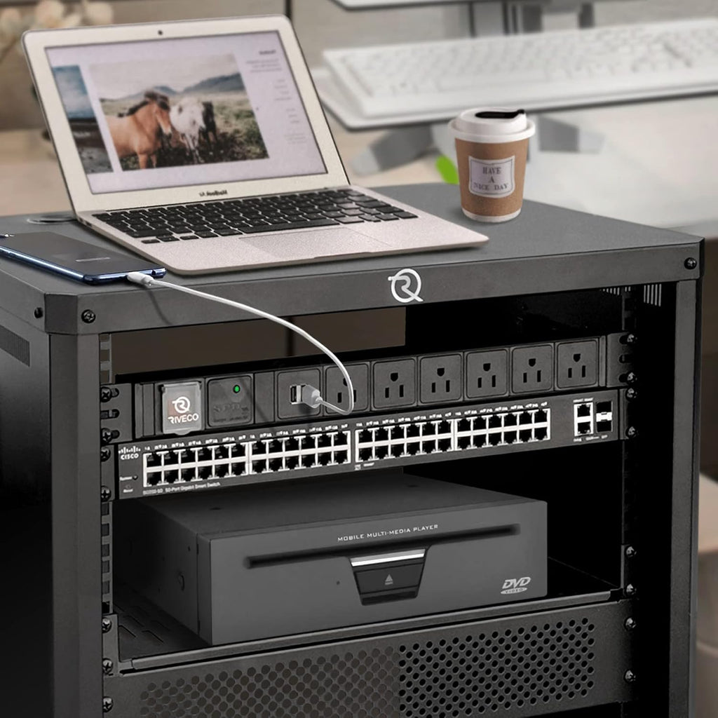 PDU 6 Outlets with 2 USB Ports, Flexible Rack Mount Power Strip for 19” Server Cabinet, with Surge Protector for