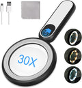 Rechargeable Magnifying Glass with Light, 30X 4.7IN Handheld Large Lightweight Lighted Magnify Len 21 LED 3 Modes