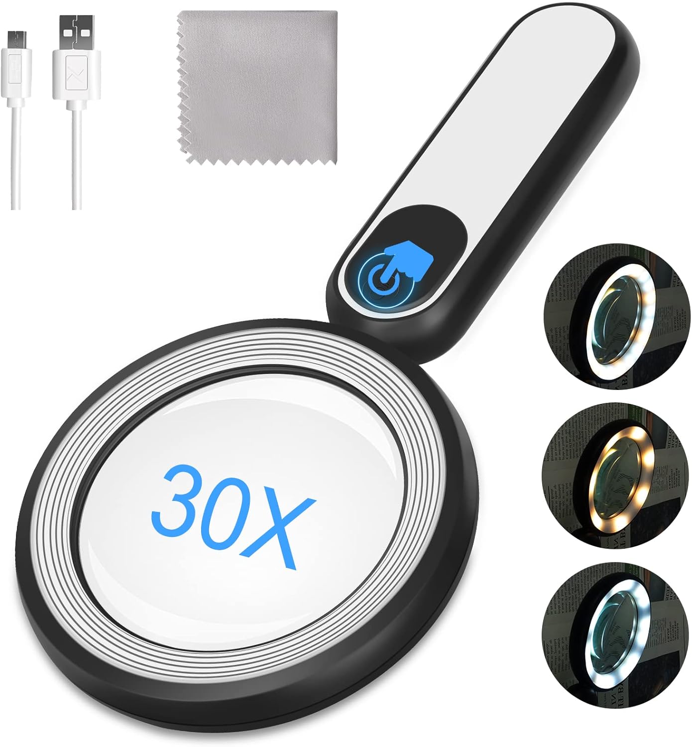 Rechargeable Magnifying Glass with Light, 30X 4.7IN Handheld Large Lightweight Lighted Magnify Len 21 LED 3 Modes