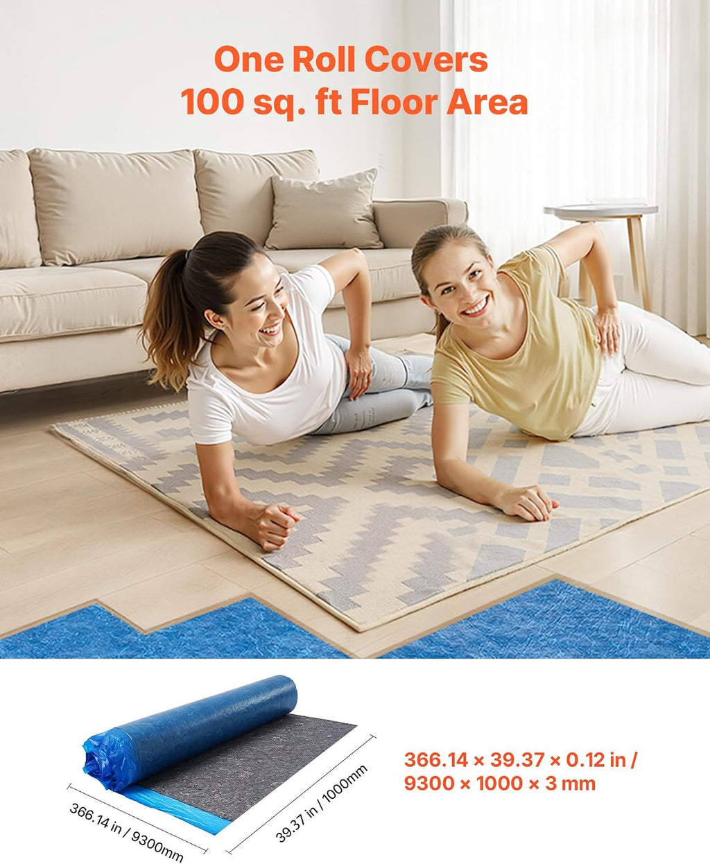 Floor Underlayment 100 sq. ft/Roll, 3 mm Thick Laminate Flooring Padding with Attached Vapor Barrier, Heavy Duty