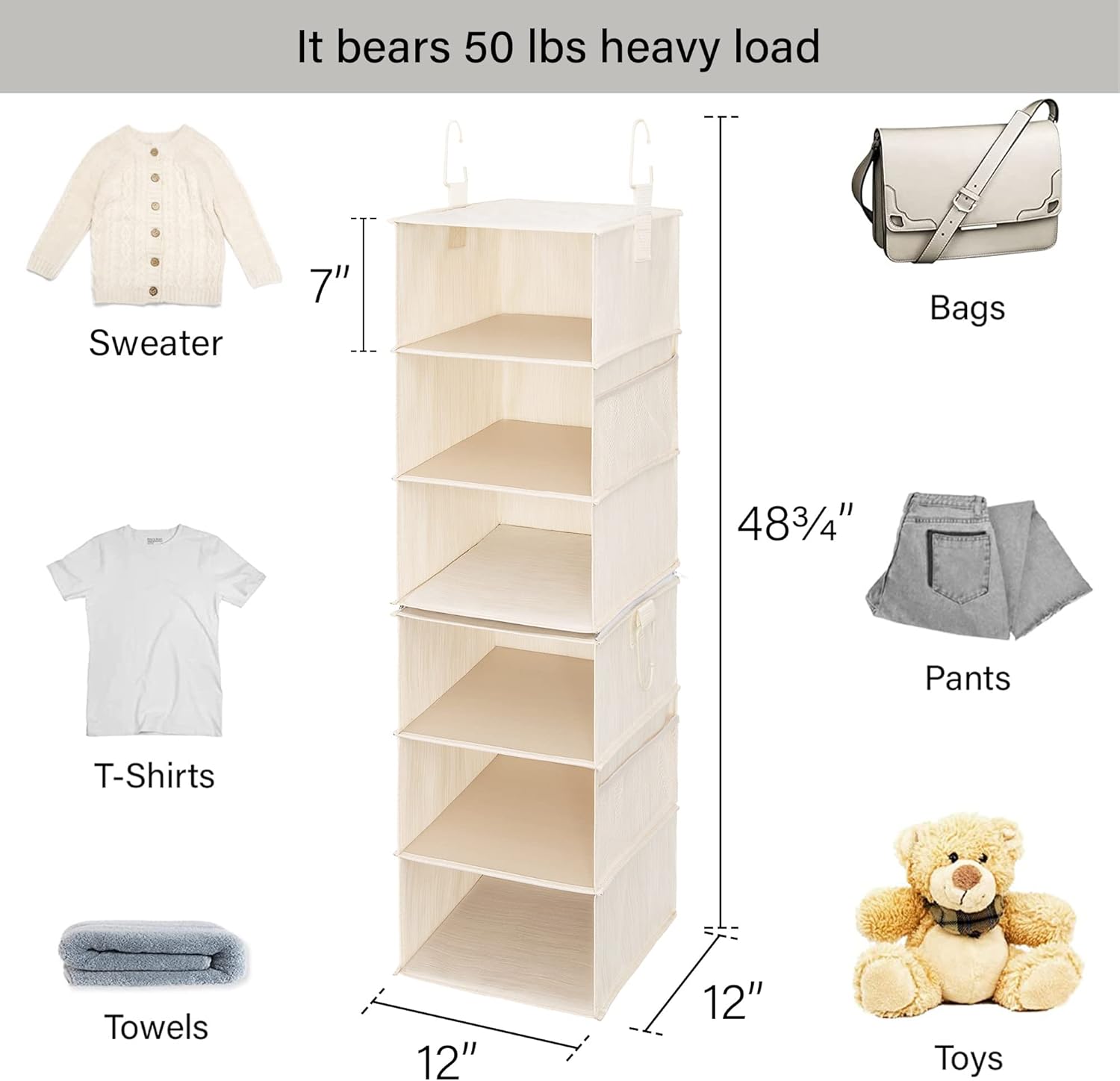 6-Shelf Closet Organizers, Two 3-Shelf Separable Hanging Shelves for Closet, 12" D x 12" W x 48 ¼"H, Mixing of Beige