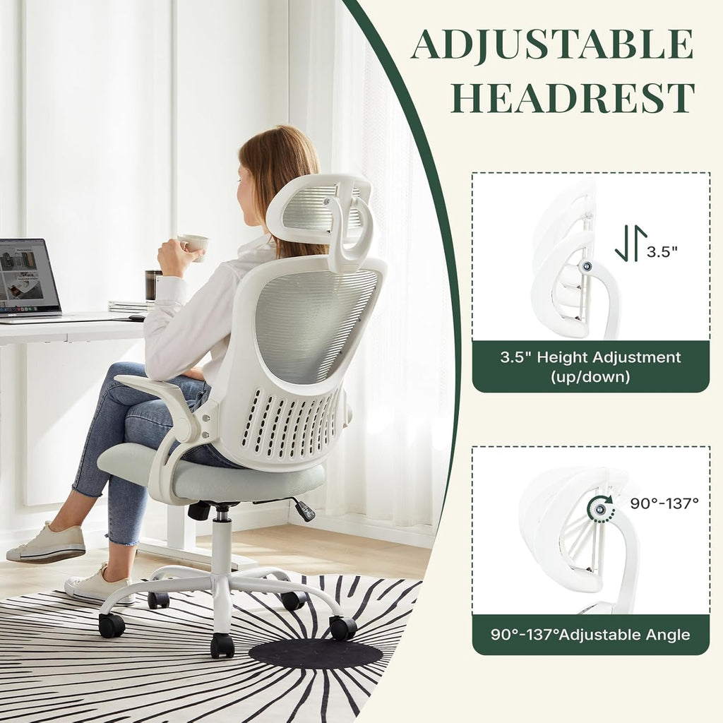 Ergonomic Office Chair, Comfy Desk Chair with Wheels, Adjustable Headrests, Flip-Up Armrests, Breathable Mesh