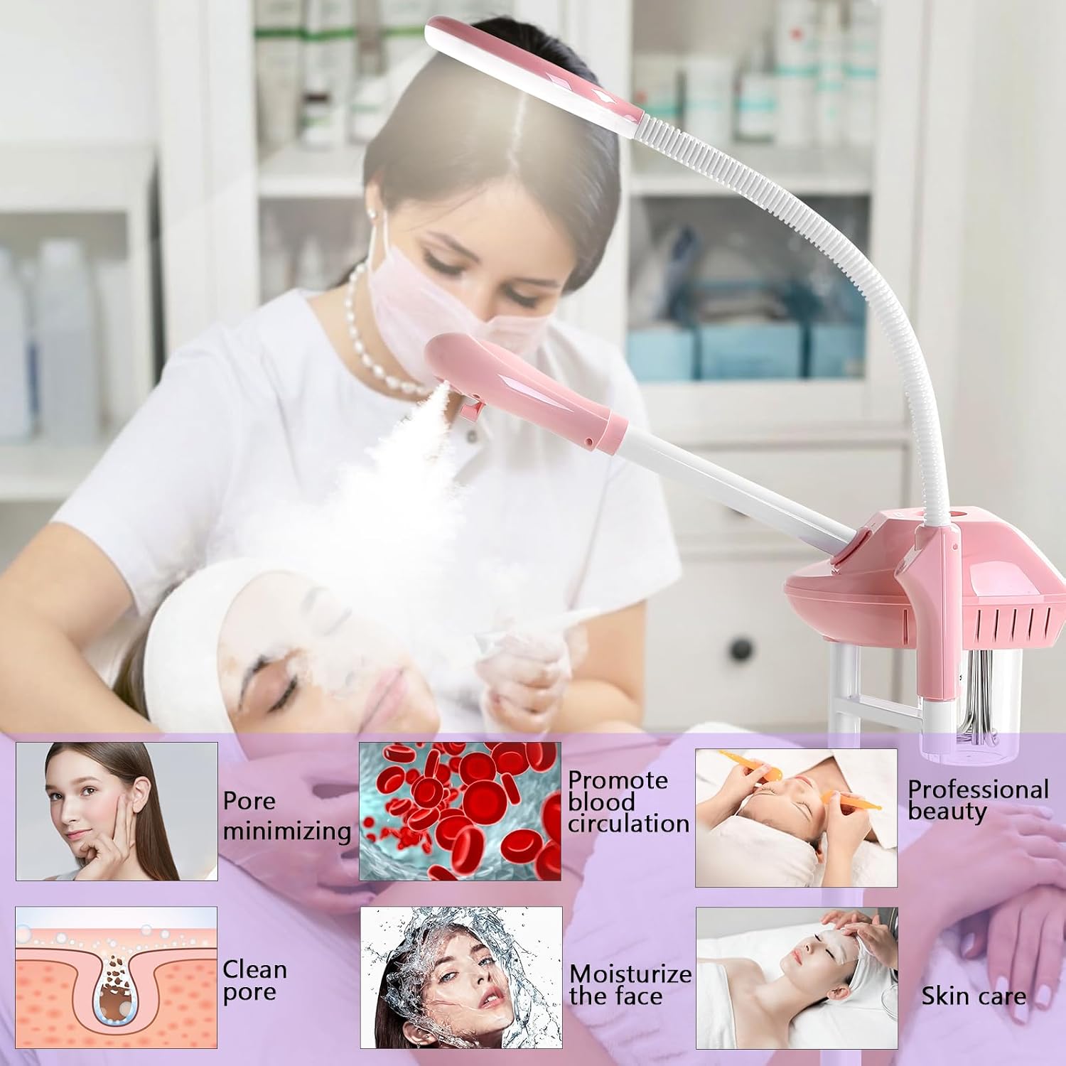 Professional Facial Steamer with 5X Magnifying Lamp,Face Steamer on Wheels | Ozone Facial Steamer for Facial Deep