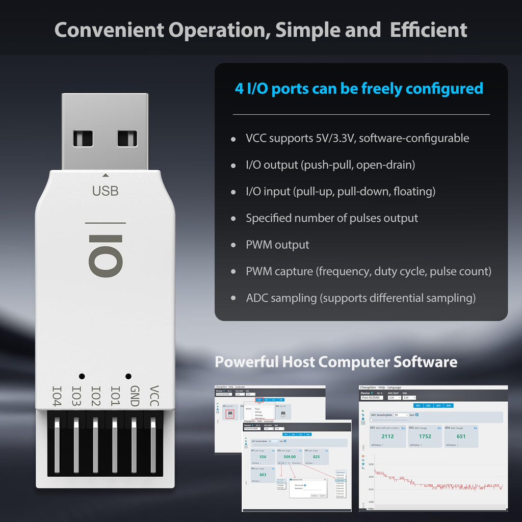 Pibiger JIO Module USB to IO Debug Module,USB to PWM ADC IO Tool, 12-bit ADC, 4-Channel IO, Windows Compatible,Comes with English User Manual,Software,CMD Command,Dll for C#,Python Development