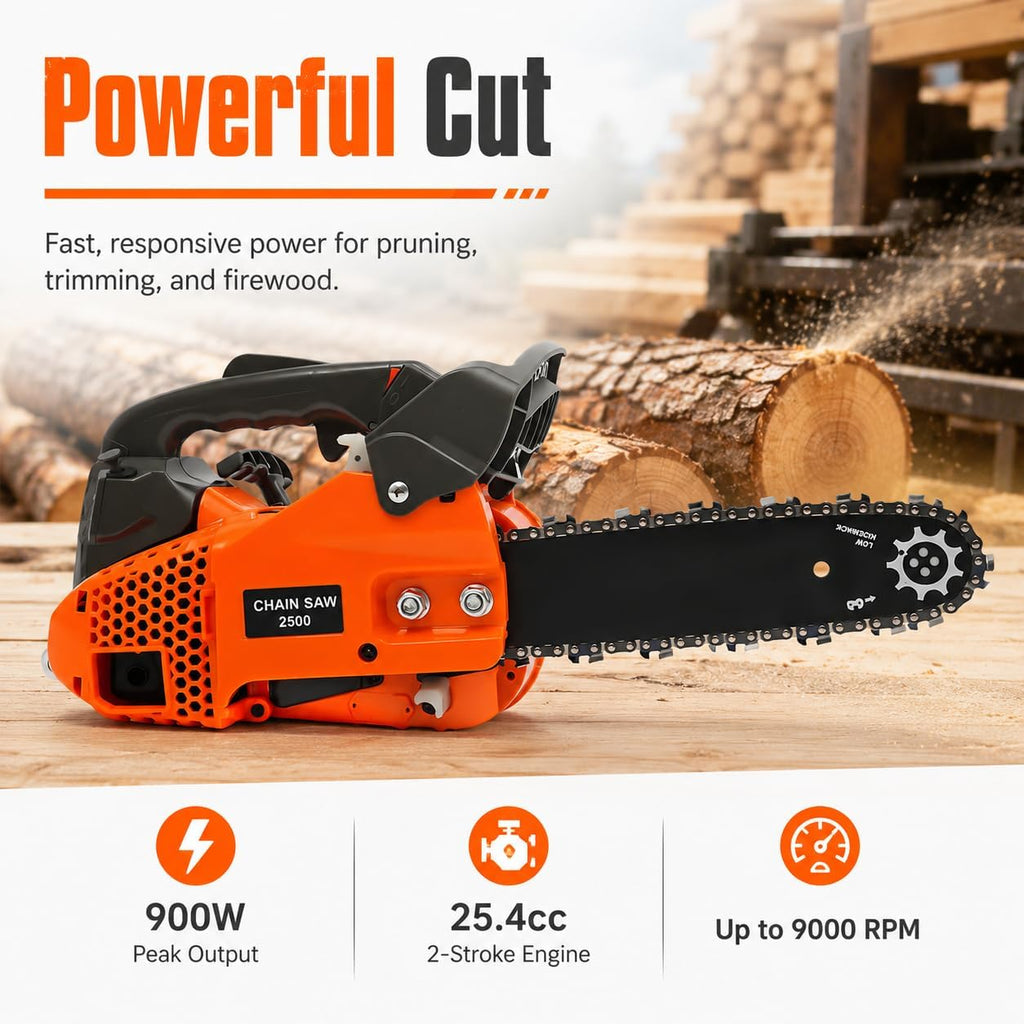 12 Inch Top Handle Chainsaw 25.4CC 2-Cycle Small Gas Chainsaw | Handheld Cordless Lightweight Petrol Chain Saw with
