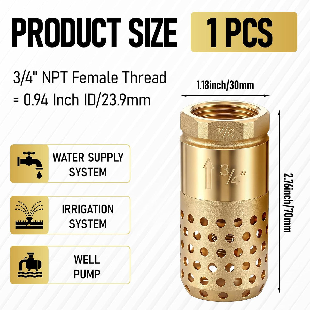 Hicarer 3/4" NPT Brass Foot Valve with Mesh Strainer One Way Check Valve