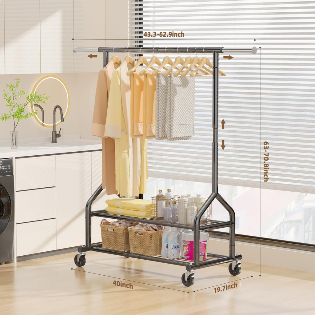 Heavy Duty Clothes Rack Load 556 LBS, Rolling Clothing Rack With Shelves, Height Adjustable Metal Clothes Hanger with