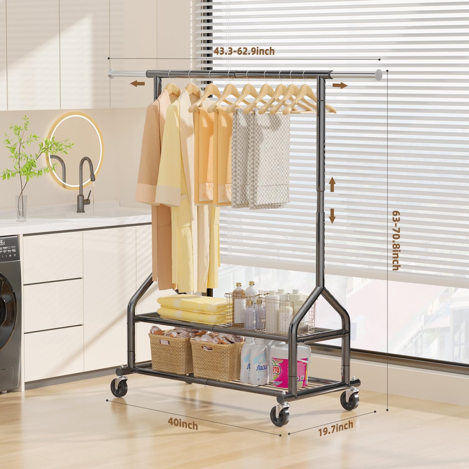 Heavy Duty Clothes Rack Load 556 LBS, Rolling Clothing Rack With Shelves, Height Adjustable Metal Clothes Hanger with