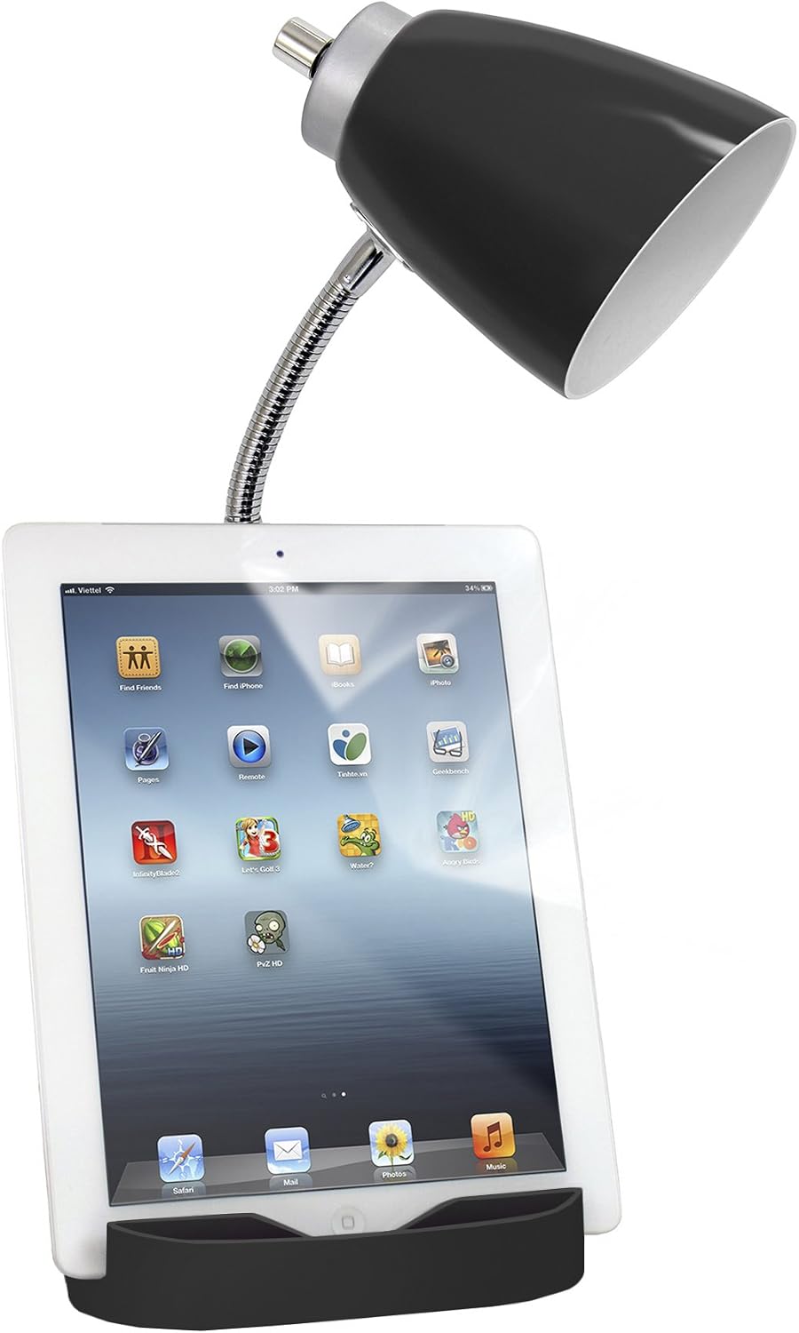 LD1057-BLK Gooseneck Organizer Desk Lamp with iPad/Tablet Stand or Book Holder and Charging Outlet, Black
