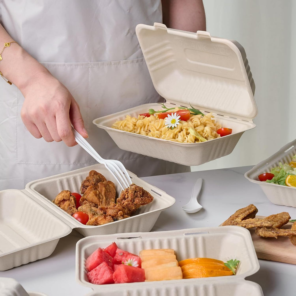 500 Pack Compostable Clamshell Take Out Food Containers, 9x6 inch