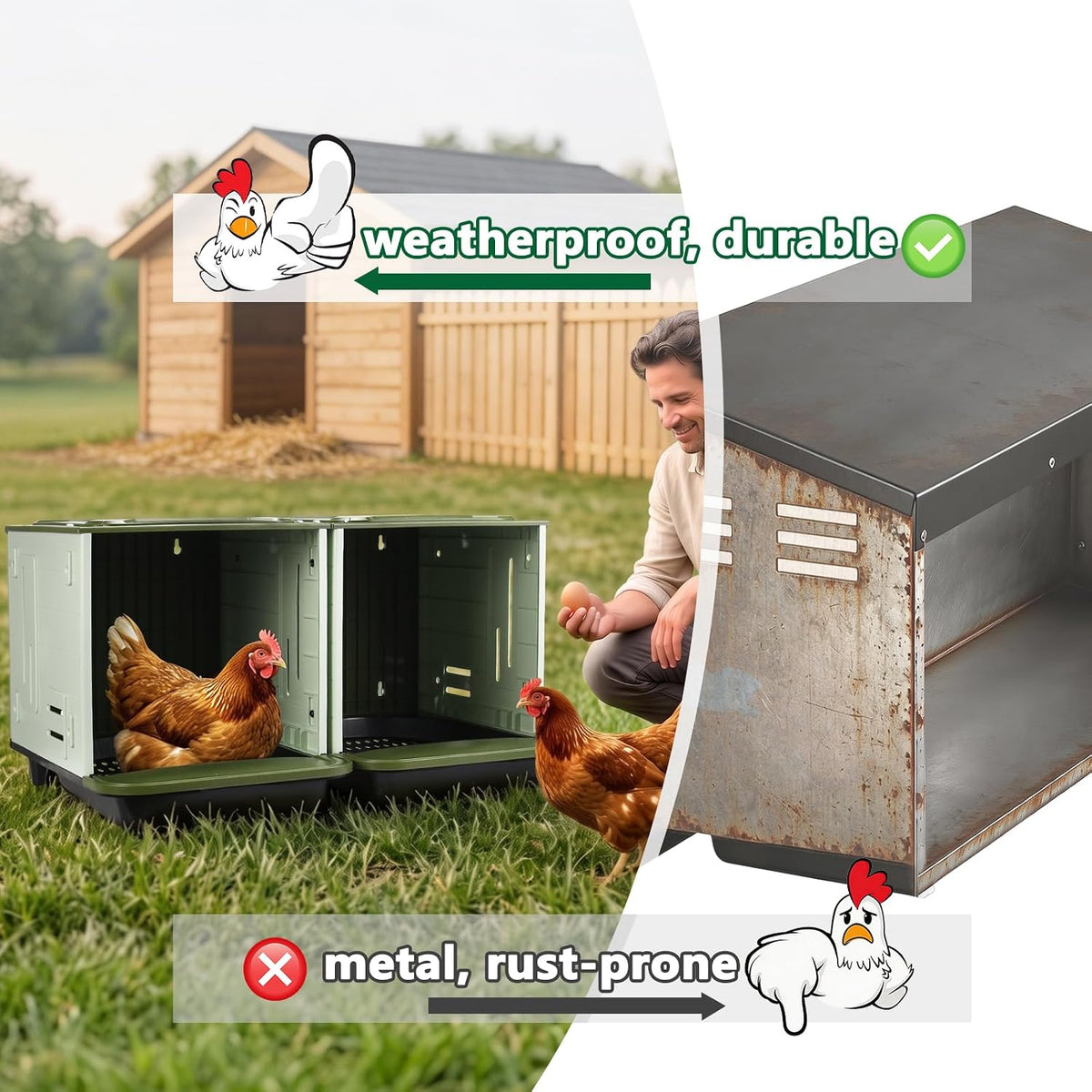 Roll Away Nesting Boxes for Chickens, 2 Compartment Chicken Nesting Box, Egg Collection Chicken Coop Nest Box (Large)