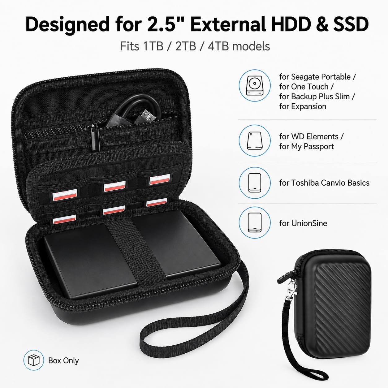 External Hard Drive Case for Seagate, for WD, for Toshiba HDD SSD | Hard EVA Exterior Compact Travel Organizer 3-in-1