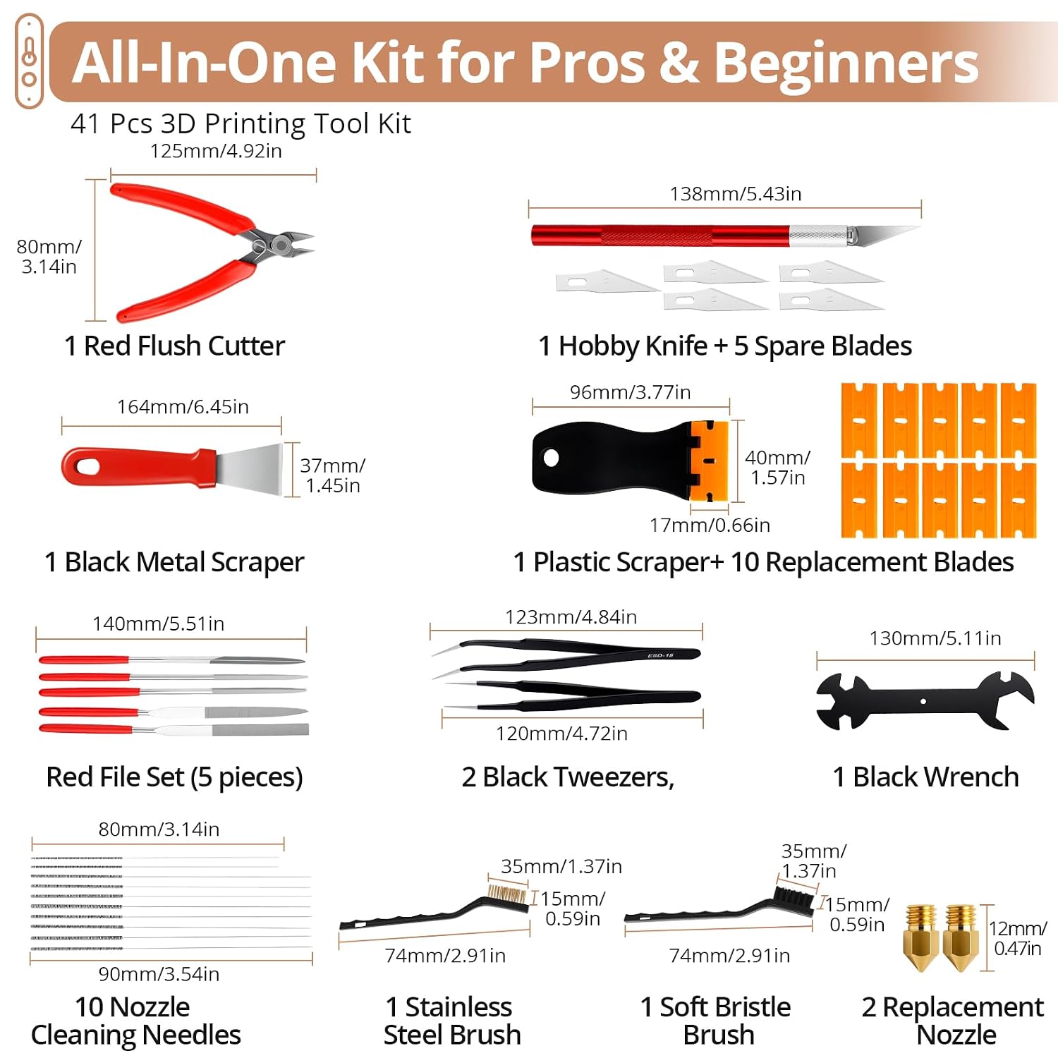 46-Piece 3D Printer Tool Kit, All-in-One 3D Printing Accessories | Support Removal and Deburring Tools, Drilling and