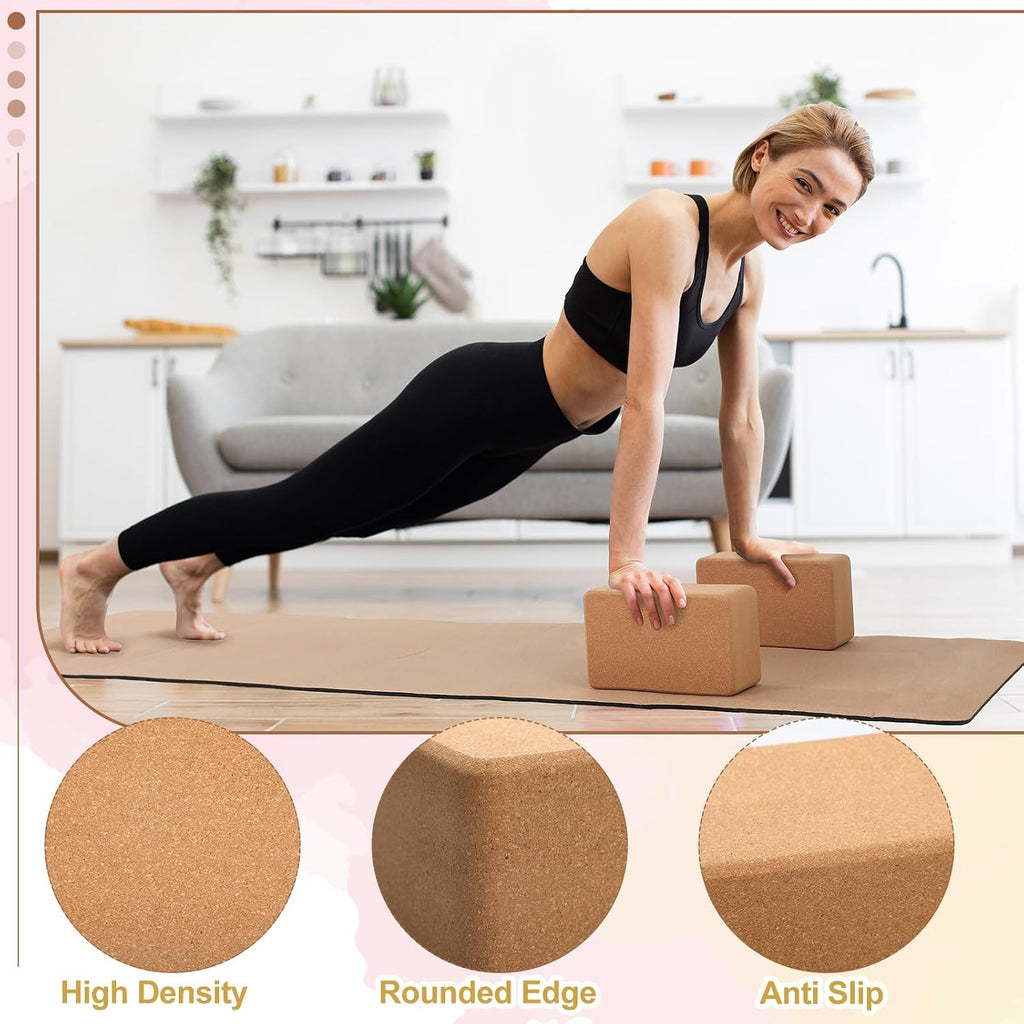 7 Pcs Cork All in One Yoga Essentials Kit Large Cork Yoga Mat and Blocks Set with Carry Strap and Alignment Lines 2