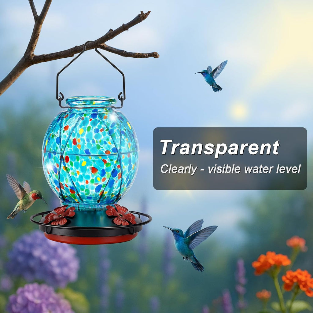Hummingbird Feeder, Glass Hummingbird Feeder for Outdoors, Vibrant Colors Attract Hummingbirds, 18 Ounces, Netted