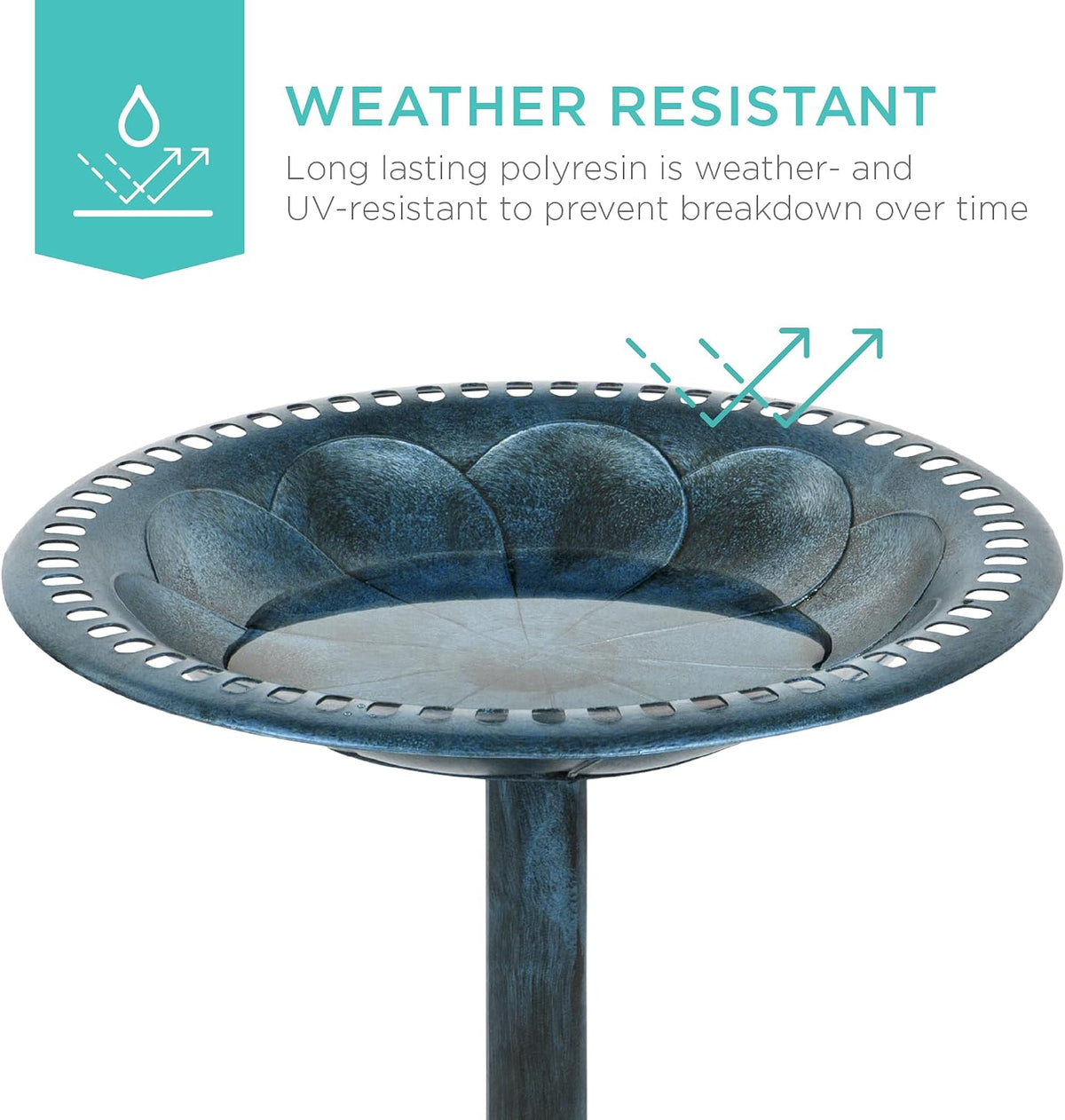 Bird Bath, 28in Outdoor Resin Pedestal - Peacock Blue