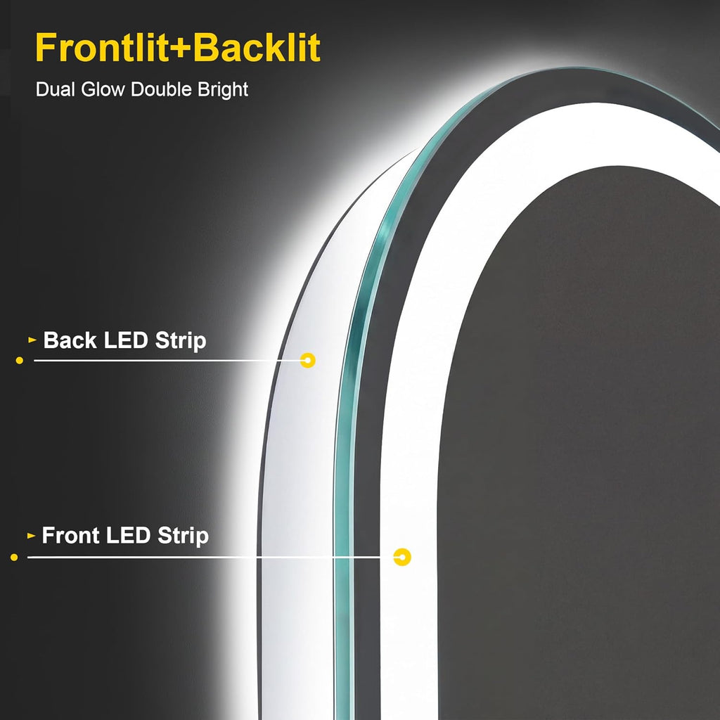 Arched LED Bathroom Mirror with Lights, 24" x 36" Lighted Vanity Mirror | Anti-Fog, Dimmable 3 Colors, Backlit +
