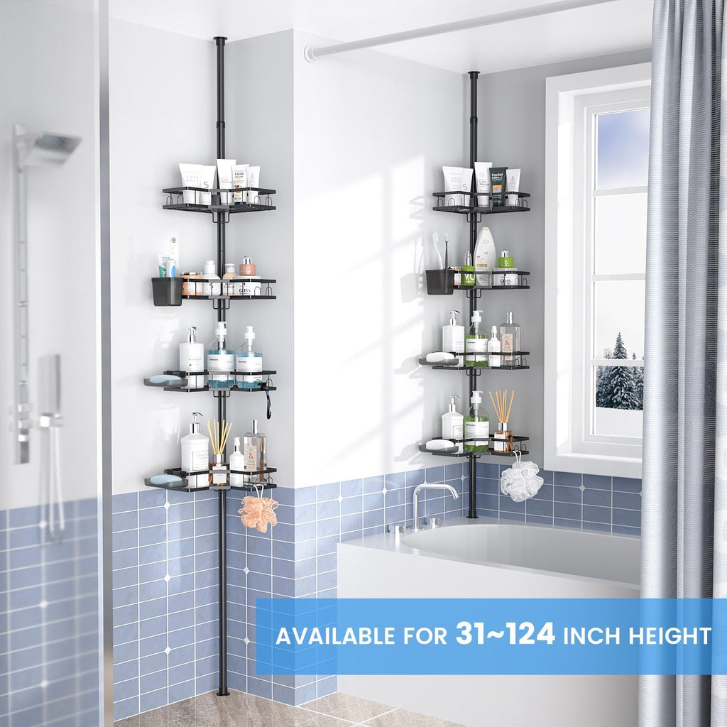 Adjustable Shower Caddy Tension Pole: Rustproof Corner Bathroom Shelves | 4-Tier 31-124" No Drill Standing Organizer