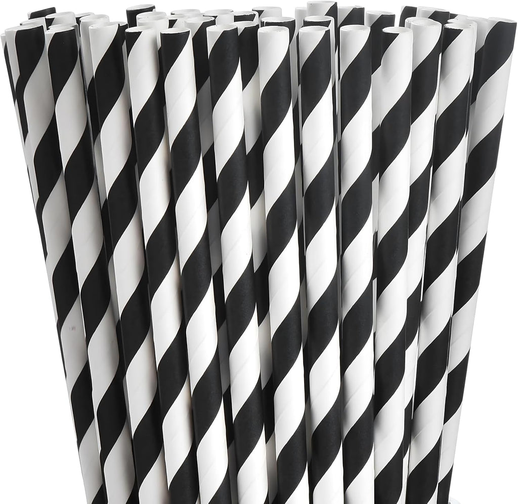 100 Black Striped Paper Straws, 7.75 in Black and White Straws