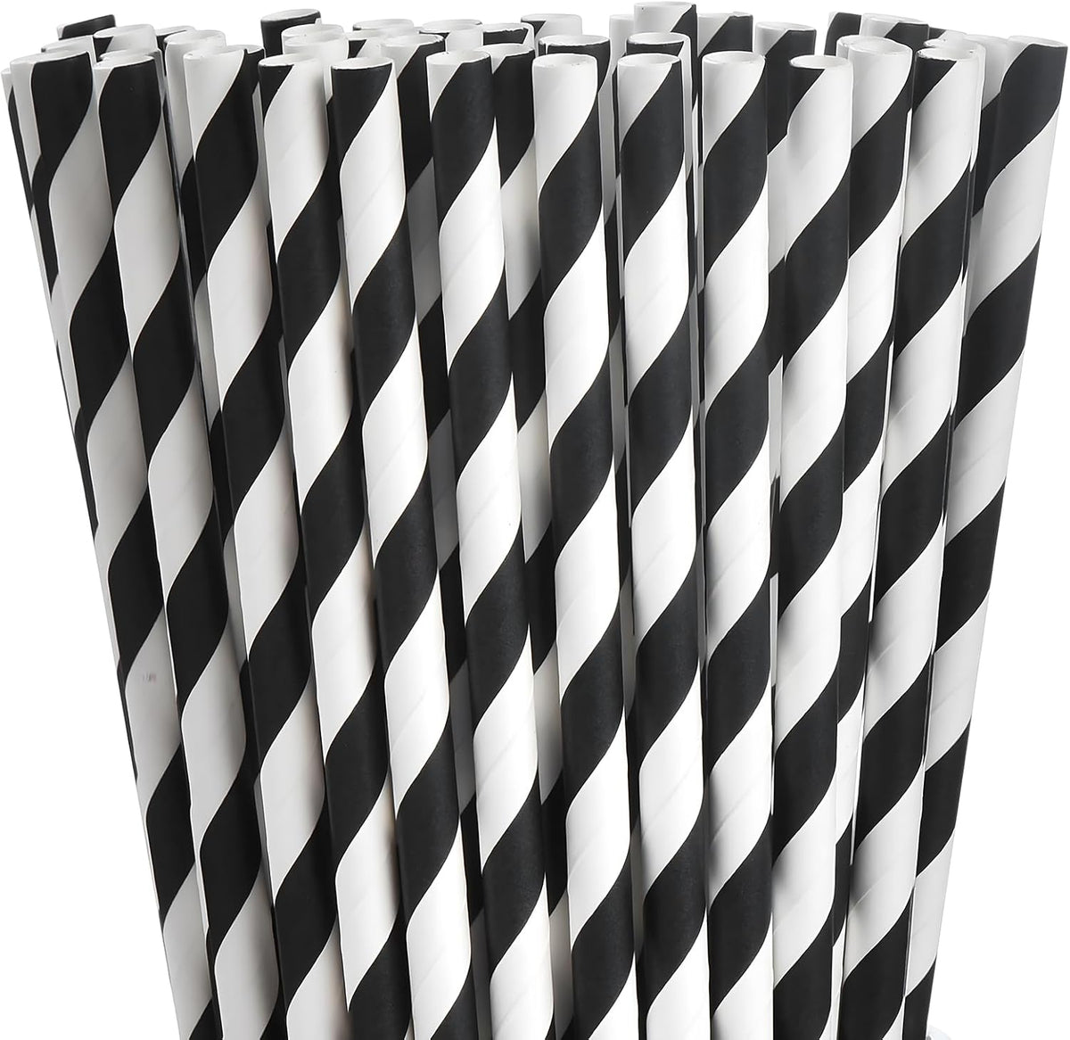 100 Black Striped Paper Straws, 7.75 in Black and White Straws