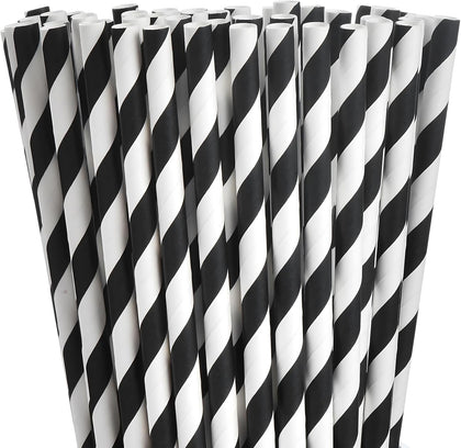 100 Black Striped Paper Straws, 7.75 in Black and White Straws