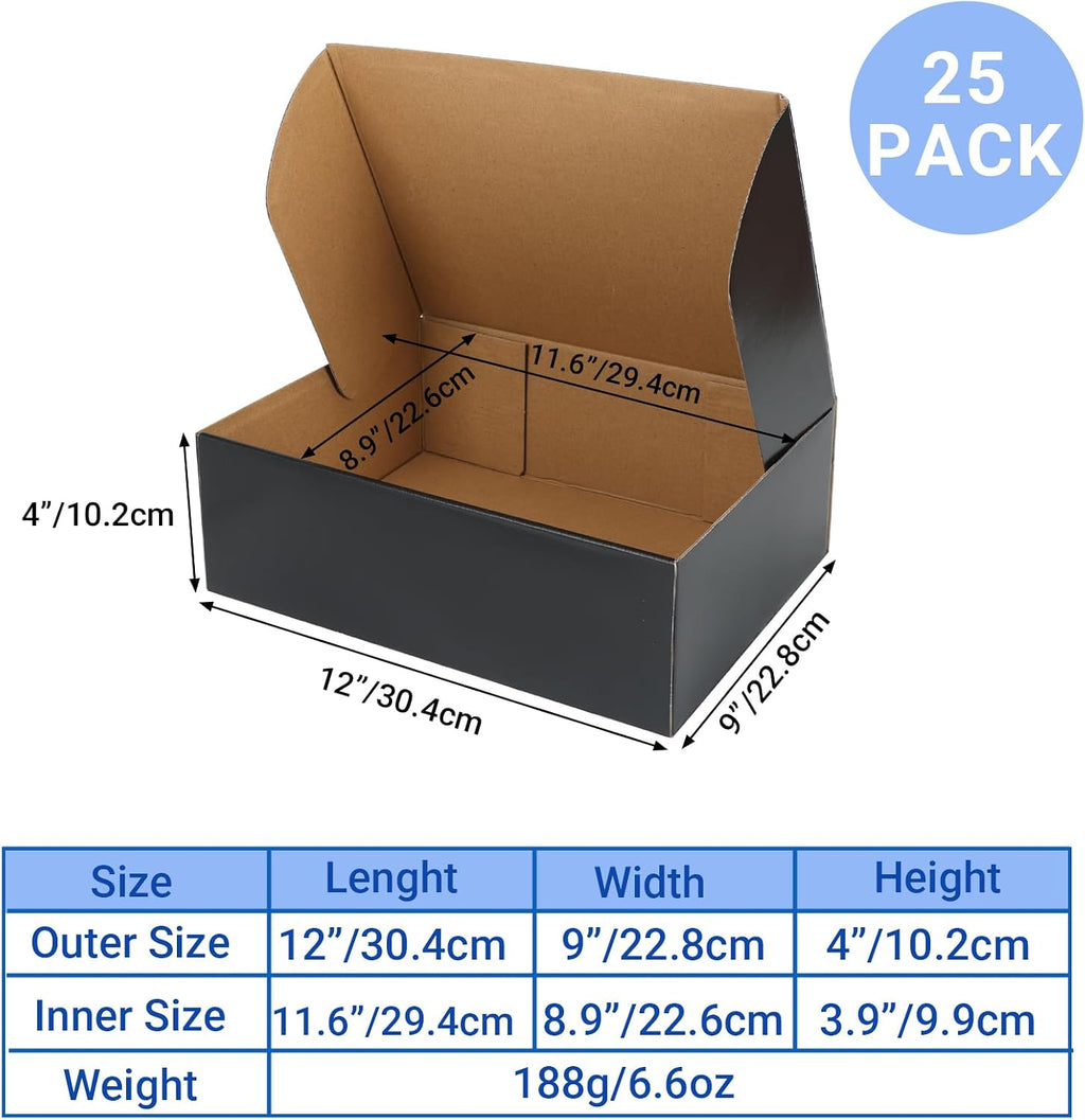 Black 12x9x4 Shipping Boxes Set of 25, Corrugated Cardboard Mailer Boxes with Brown Interior for Small Business Shipping