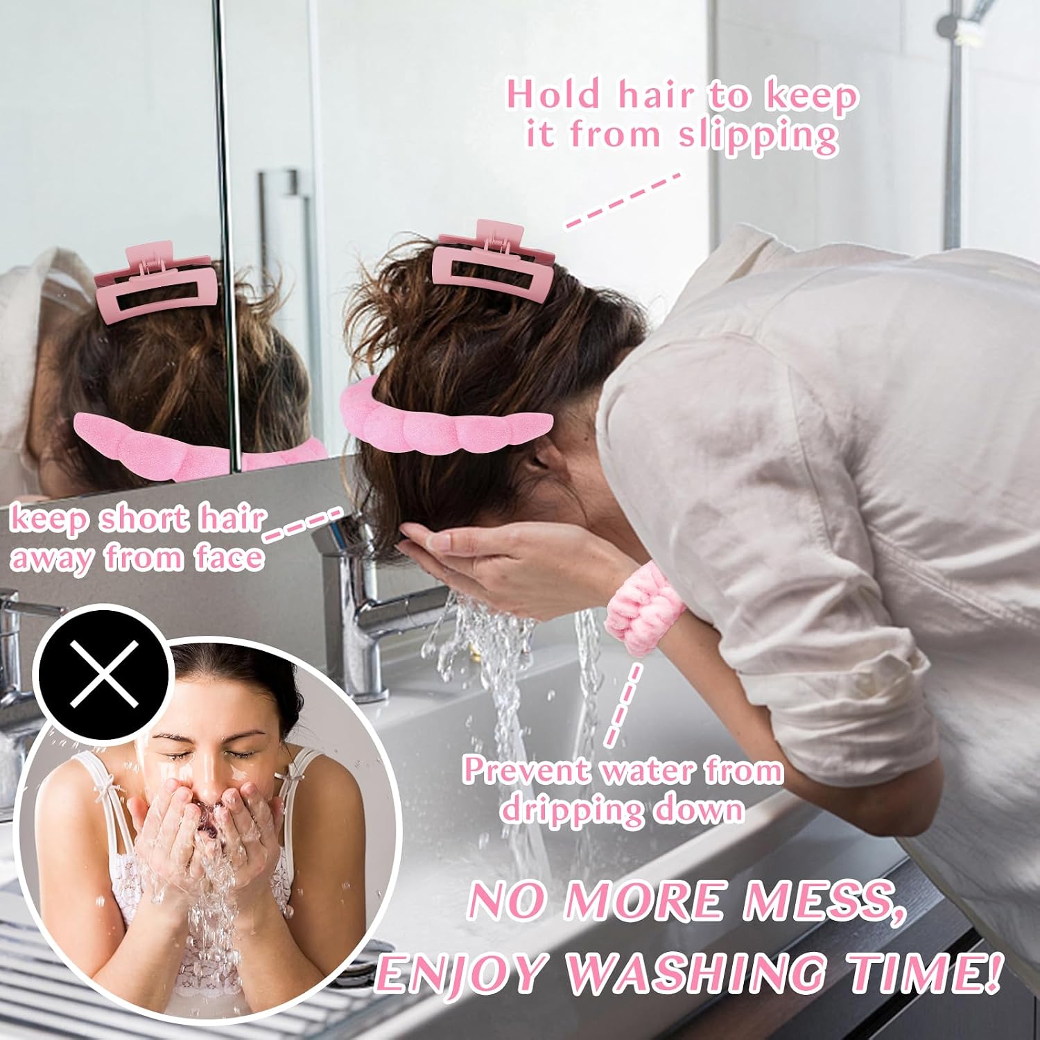 Pink Blue Spa Headband And Wristband Set Skincare Headband For Washing Face Hair Claw Clips For Thick Hair Cute Puffy